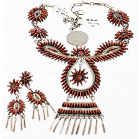 Large Petit Point Handmade Certified Authentic Signed by JL Zuni .925 Sterling Silver Natural Spiny Oyster Native American Necklace and Earrings Set 15752-17712