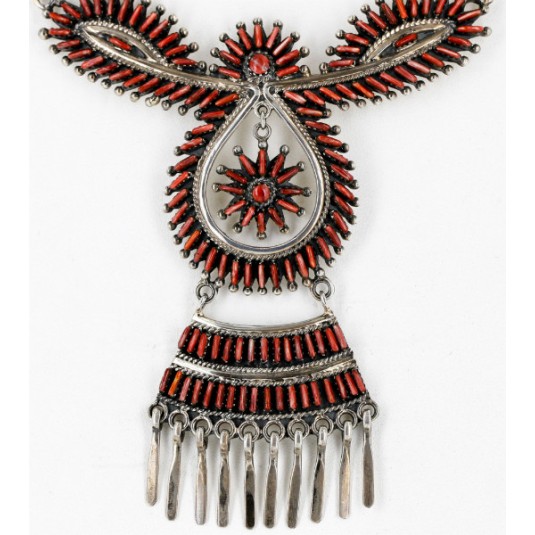 Large Petit Point Handmade Certified Authentic Signed by JL Zuni .925 Sterling Silver Natural Spiny Oyster Native American Necklace and Earrings Set 15752-17712