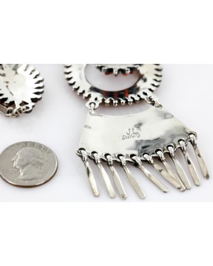 Large Petit Point Handmade Certified Authentic Signed by JL Zuni .925 Sterling Silver Natural Spiny Oyster Native American Necklace and Earrings Set 15752-17712