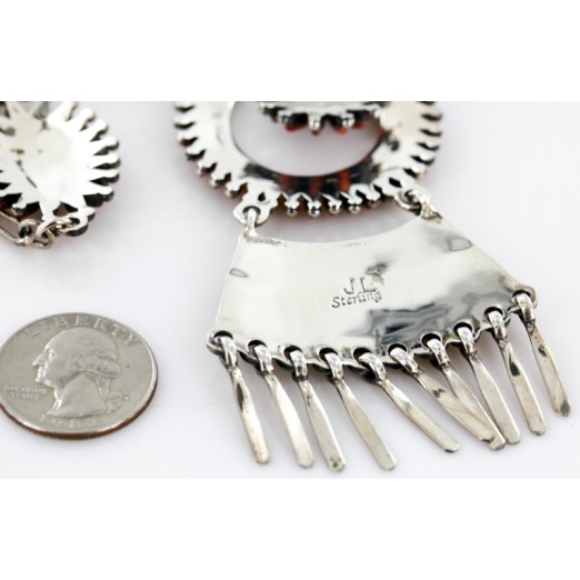 Large Petit Point Handmade Certified Authentic Signed by JL Zuni .925 Sterling Silver Natural Spiny Oyster Native American Necklace and Earrings Set 15752-17712