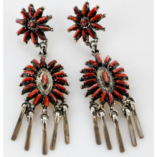 Large Petit Point Handmade Certified Authentic Signed by JL Zuni .925 Sterling Silver Natural Spiny Oyster Native American Necklace and Earrings Set 15752-17712