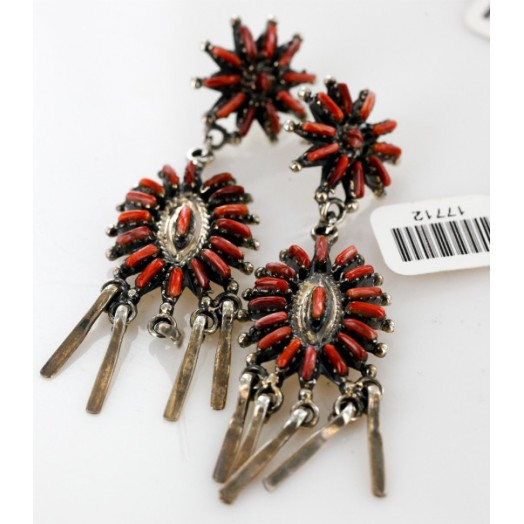Large Petit Point Handmade Certified Authentic Signed by JL Zuni .925 Sterling Silver Natural Spiny Oyster Native American Necklace and Earrings Set 15752-17712