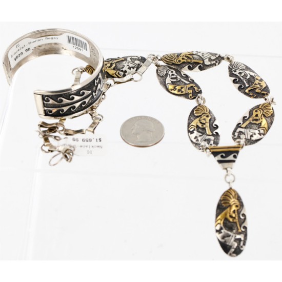 Handmade Certified Authentic Kokopelli Navajo .925 Sterling Silver and 12kt Gold Filled Set Native American Necklace and Bracelet 15870-12591