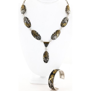 Handmade Certified Authentic Kokopelli Navajo .925 Sterling Silver and 12kt Gold Filled Set Native American Necklace and Bracelet 15870-12591