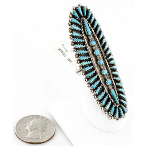 Handmade Certified Authentic Petit Point Zuni Signed by AVN .925 Sterling Silver Natural Turquoise Native American Ring  17904