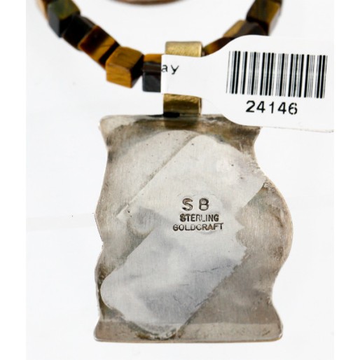 12kt Gold Filled And .925 Sterling Silver Handmade Bear Wave Certified Authentic Navajo Natural Turquoise and Tigers Eye Native American Necklace 24146