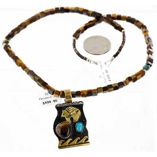 12kt Gold Filled And .925 Sterling Silver Handmade Bear Wave Certified Authentic Navajo Natural Turquoise and Tigers Eye Native American Necklace 24146