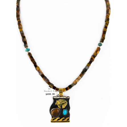 12kt Gold Filled And .925 Sterling Silver Handmade Bear Wave Certified Authentic Navajo Natural Turquoise and Tigers Eye Native American Necklace 24146