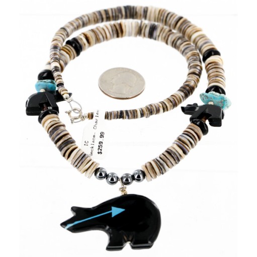 Certified Authentic Carved Bear Navajo .925 Sterling Silver Graduated Heishi Turquoise Black Onyx and Hematite Native American Necklace 25226-1