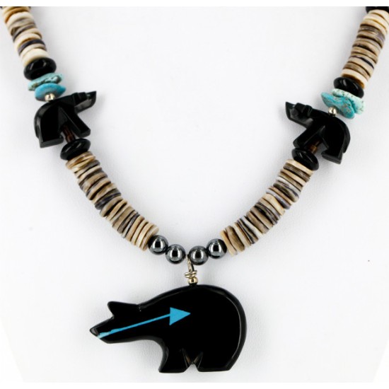 Certified Authentic Carved Bear Navajo .925 Sterling Silver Graduated Heishi Turquoise Black Onyx and Hematite Native American Necklace 25226-1
