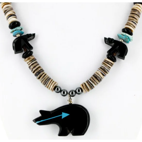 Carved Bear Navajo .925 Sterling Silver Graduated Heishi Turquoise Black Onyx and Hematite Native American Necklace 25226-1 Carved Bear Navajo .925 Sterling Silver Graduated Heishi Turquoise Black Onyx and Hematite Native American Necklace 25226-1