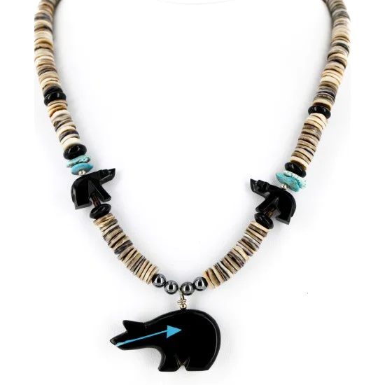 Carved Bear Navajo .925 Sterling Silver Graduated Heishi Turquoise Black Onyx and Hematite Native American Necklace 25226-1 Carved Bear Navajo .925 Sterling Silver Graduated Heishi Turquoise Black Onyx and Hematite Native American Necklace 25226-1