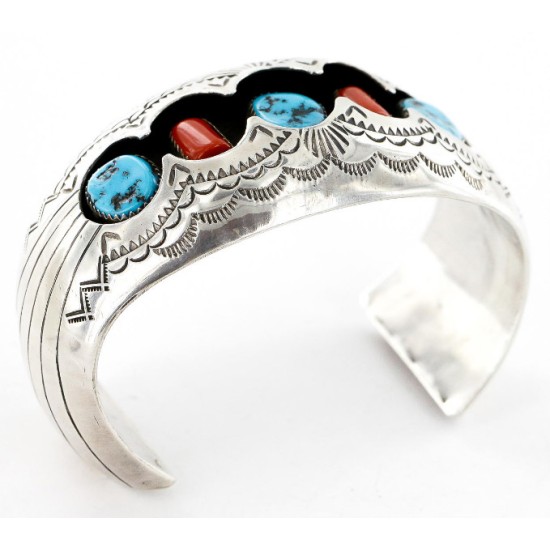 Certified Authentic Navajo .925 Sterling Silver Coral Turquoise Signed BENALLY Native American Bracelet 1293