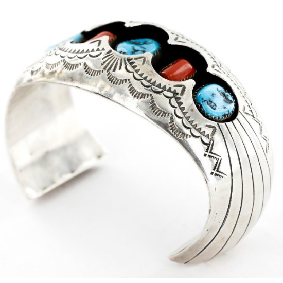 Certified Authentic Navajo .925 Sterling Silver Coral Turquoise Signed BENALLY Native American Bracelet 1293