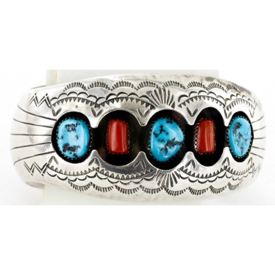 Certified Authentic Navajo .925 Sterling Silver Coral Turquoise Signed BENALLY Native American Bracelet 1293
