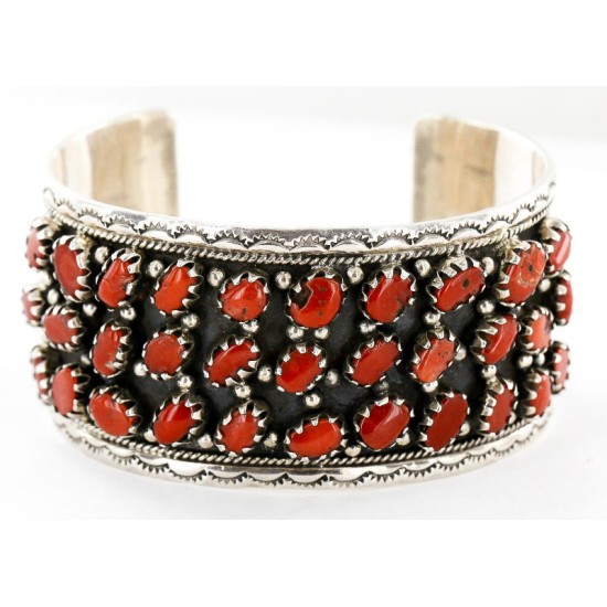 Certified Authentic Navajo .925 Sterling Silver Natural Coral Native American Bracelet 12295