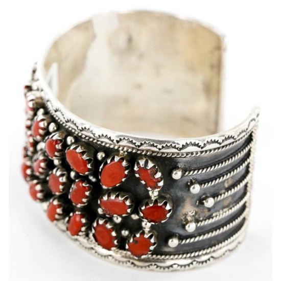 Certified Authentic Navajo .925 Sterling Silver Natural Coral Native American Bracelet 12295