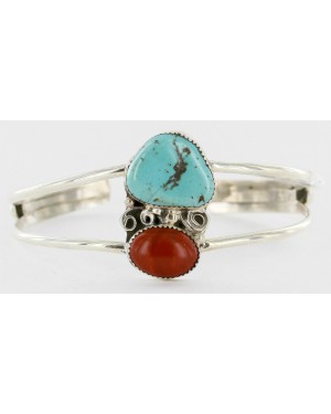 Handmade Certified Authentic Navajo .925 Sterling Silver Natural Turquoise and Red Jasper Native American Bracelet 12757-4