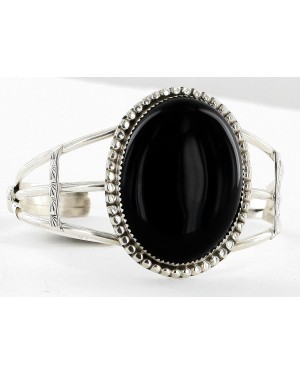 Large Handmade Certified Authentic Navajo .925 Sterling Silver Natural Black Onyx Native American Bracelet 12756-4