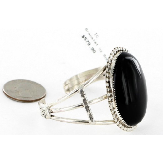 Large Handmade Certified Authentic Navajo .925 Sterling Silver Natural Black Onyx Native American Bracelet 12756-4