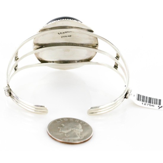 Large Handmade Certified Authentic Navajo .925 Sterling Silver Natural Black Onyx Native American Bracelet 12756-4