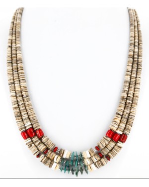 3 Strand Certified Authentic Navajo .925 Sterling Silver Natural Turquoise Coral Spiny Oyster and Graduated Heishi Native American Necklace 25261