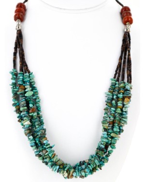 Large Certified Authentic 5 Strand Navajo .925 Sterling Silver Natural Turquoise and Jasper Native American Necklace 25259