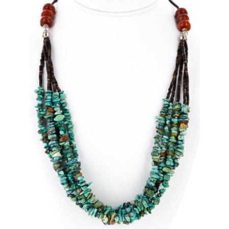 Large Certified Authentic 5 Strand Navajo .925 Sterling Silver Natural Turquoise and Jasper Native American Necklace 25259