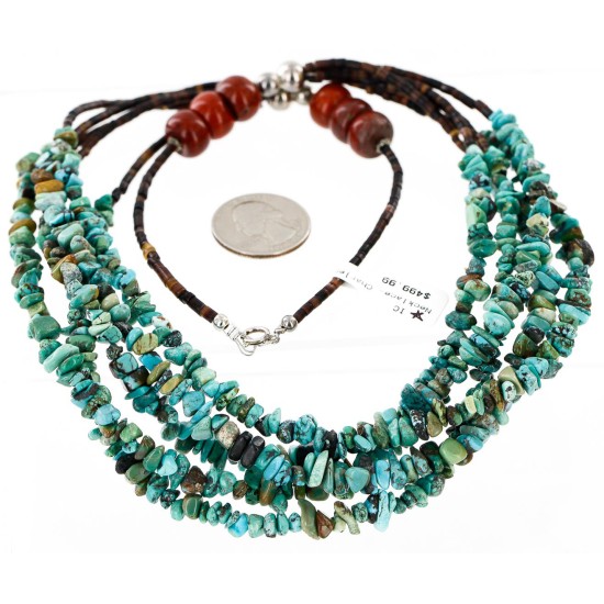 Large Certified Authentic 5 Strand Navajo .925 Sterling Silver Natural Turquoise and Jasper Native American Necklace 25259