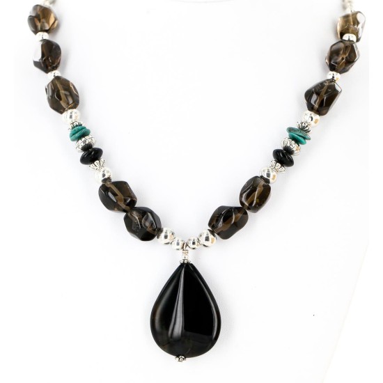 Large Certified Authentic Navajo Native .925 Sterling Silver Natural Boulder and Turquoise Smoky Quartz Native American Necklace 24372-2