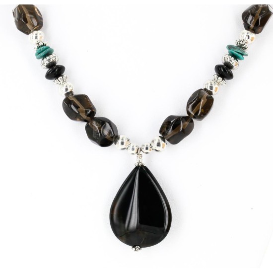 Large Certified Authentic Navajo Native .925 Sterling Silver Natural Boulder and Turquoise Smoky Quartz Native American Necklace 24372-2