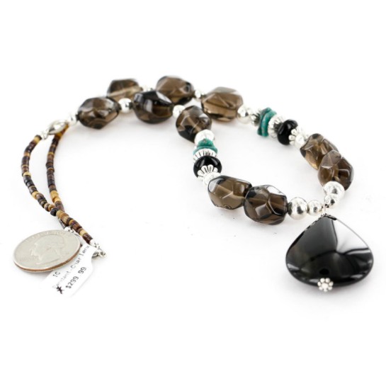 Large Certified Authentic Navajo Native .925 Sterling Silver Natural Boulder and Turquoise Smoky Quartz Native American Necklace 24372-2