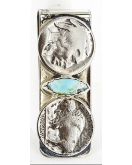 2 Vintage Style OLD Buffalo Coin Certified Authentic Navajo .925 Sterling Silver and Nickel Natural Turquoise Native American Money Clip 11244-5