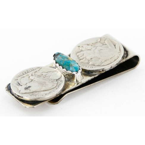 2 Vintage Style OLD Buffalo Coin Handmade Certified Authentic Navajo .925 Sterling Silver and Nickel Natural Turquoise Native American Money Clip 11244-4