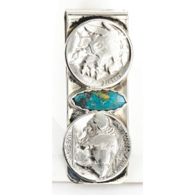 2 Vintage Style OLD Buffalo Coin Handmade Certified Authentic Navajo .925 Sterling Silver and Nickel Natural Turquoise Native American Money Clip 11244-4