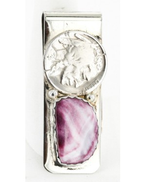 Vintage Style OLD Buffalo Coin Certified Authentic Navajo .925 Sterling Silver and Nickel Natural Purple Spiny Oyster Native American Money Clip 11248-3