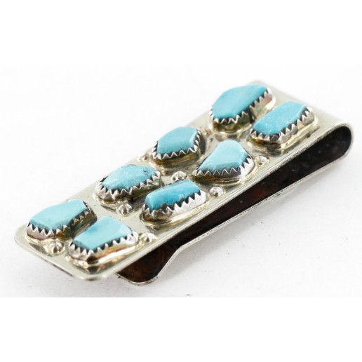 Handmade Certified Authentic Signed by Curt Cheama Zuni Nickel Natural Turquoise Nuggets Native American Money Clip 11232