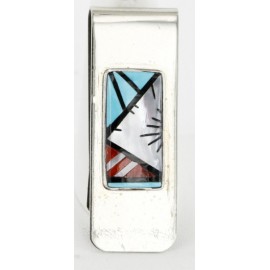 Handmade Certified Authentic Signed Navajo Nickel Inlaid Natural Turquoise Coral Mother of Pearl and Black Onyx Native American Money Clip 11245