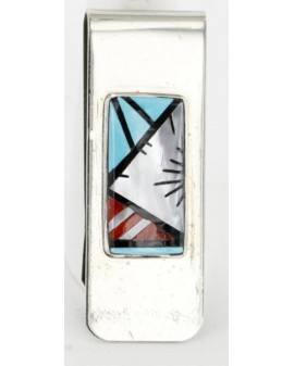 Handmade Certified Authentic Signed Navajo Nickel Inlaid Natural Turquoise Coral Mother of Pearl and Black Onyx Native American Money Clip 11245