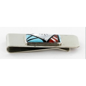 Handmade Certified Authentic Signed Navajo Nickel Inlaid Natural Turquoise Coral Mother of Pearl and Black Onyx Native American Money Clip 11245