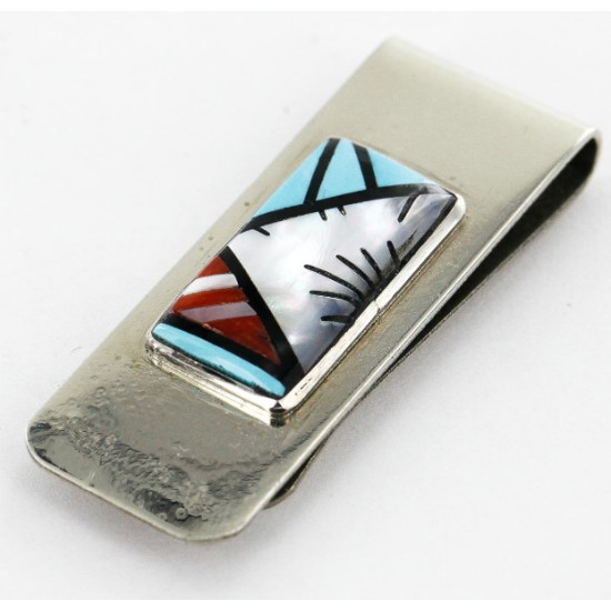 Handmade Certified Authentic Signed Navajo Nickel Inlaid Natural Turquoise Coral Mother of Pearl and Black Onyx Native American Money Clip 11245