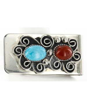 Handmade Flower Certified Authentic Signed Navajo Nickel Natural Turquoise and Jasper Native American Money Clip 11228