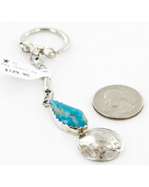 Vintage Style OLD Buffalo Coin Certified Authentic Navajo .925 Sterling Silver Natural Turquoise Native American Keychain 10320-2