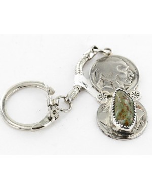 2 Vintage Style OLD Buffalo Coin Certified Authentic Navajo .925 Sterling Silver Natural Turquoise Native American Keychain 10320-1