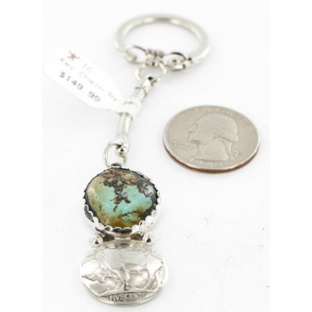 Vintage Style OLD Buffalo Coin Certified Authentic Navajo .925 Sterling Silver Natural Turquoise Native American Keychain 10327