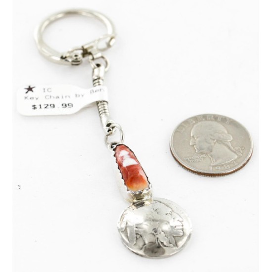 Vintage Style OLD Buffalo Coin Certified Authentic Navajo .925 Sterling Silver Spiny Oyster Native American Keychain 10320-3