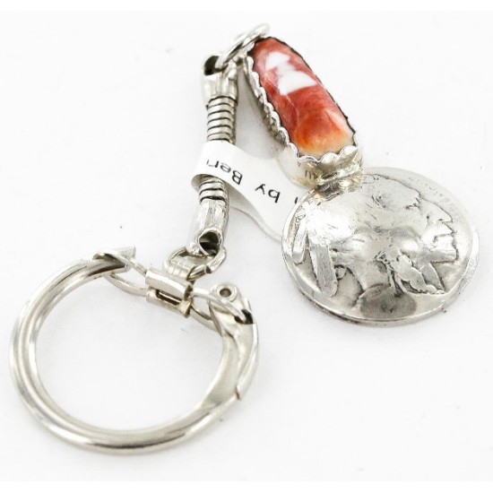 Vintage Style OLD Buffalo Coin Certified Authentic Navajo .925 Sterling Silver Spiny Oyster Native American Keychain 10320-3