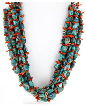 5 Strand Navajo Natural Turquoise and Mediterranean Coral Native American Necklace 15737-0