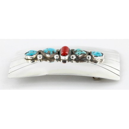 Certified Authentic Navajo .925 Sterling Silver Natural Turquoise and Coral Native American Buckle 1195