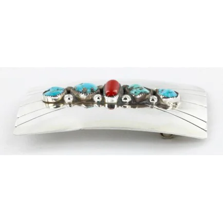 Navajo .925 Sterling Silver Natural Turquoise and Coral Native American Buckle 1195 Navajo .925 Sterling Silver Natural Turquoise and Coral Native American Buckle 1195